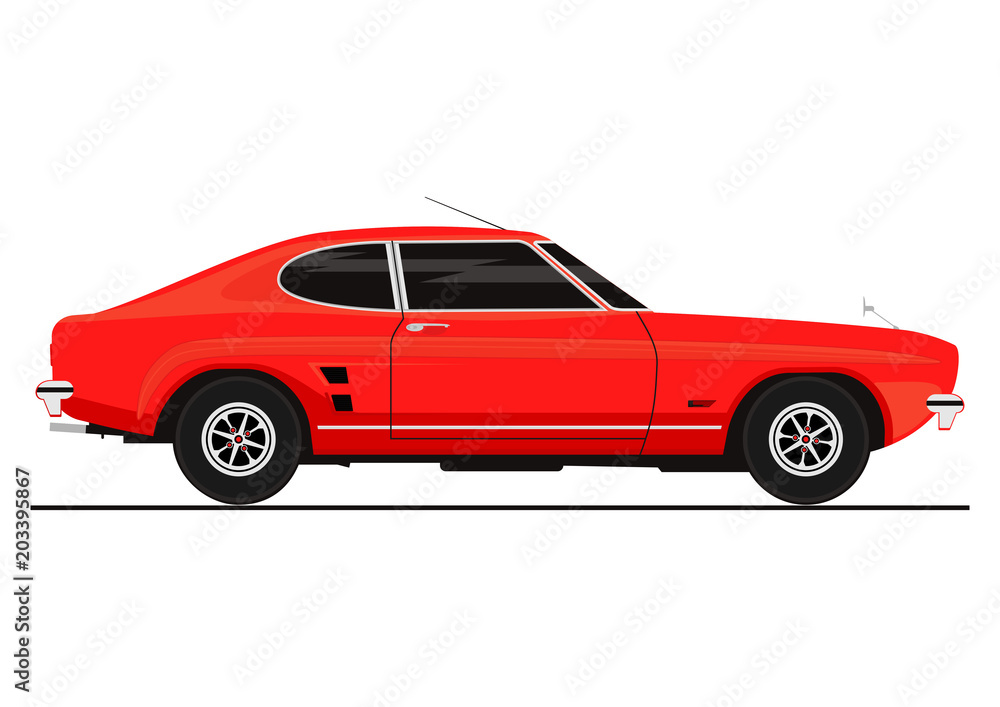 Sticker with side view of retro coupe car. Flat vector.