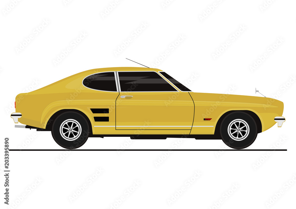 Sticker with side view of retro coupe car. Flat vector.