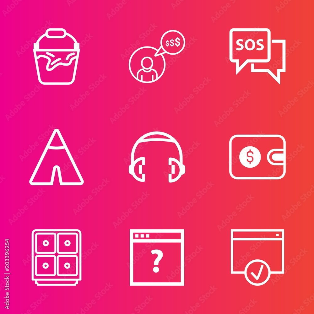 Premium set with outline vector icons. Such as call, pail, person, safety, music, container, web, bank, travel, bucket, sos, adventure, online, page, camp, finance, clean, wallet, business, nature Premium set with outline vector icons. Such as call, pail, person, safety, music, container, web, bank, travel, bucket, sos, adventure, online, page, camp, finance, clean, wallet, business, nature