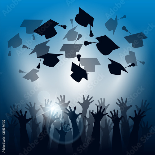 Happy students throwing graduation caps in the air. Silhouettes of hands at the graduation party. Vector illustration