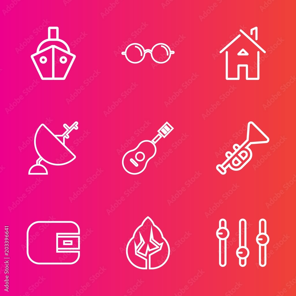 Premium set with outline vector icons. Such as environment, vessel, architecture, music, equality, money, cargo, dish, satellite, sea, cash, ship, trumpet, finance, boat, wallet, water, transport, eye Premium set with outline vector icons. Such as environment, vessel, architecture, music, equality, money, cargo, dish, satellite, sea, cash, ship, trumpet, finance, boat, wallet, water, transport, eye