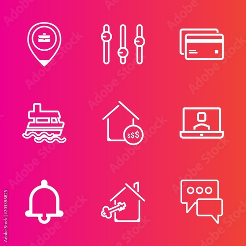 Premium set with outline vector icons. Such as job, internet, debit, payment, banking, notification, bell, location, work, property, price, alarm, call, graphic, bubble, home, house, business, video