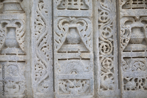 Ancient Architectural Ornament, Stone Carving Decorations Inside Ranakpur Jain Temple in Rajasthan, India