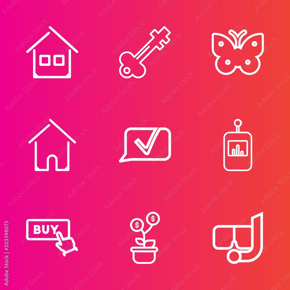 Premium set with outline vector icons. Such as button, modern, chat, sea,  mask, key, fly, home, tree, retro, nature, snorkel, tv, sign, old,  construction, lock, collection, metal, butterfly, remote Stock Vector