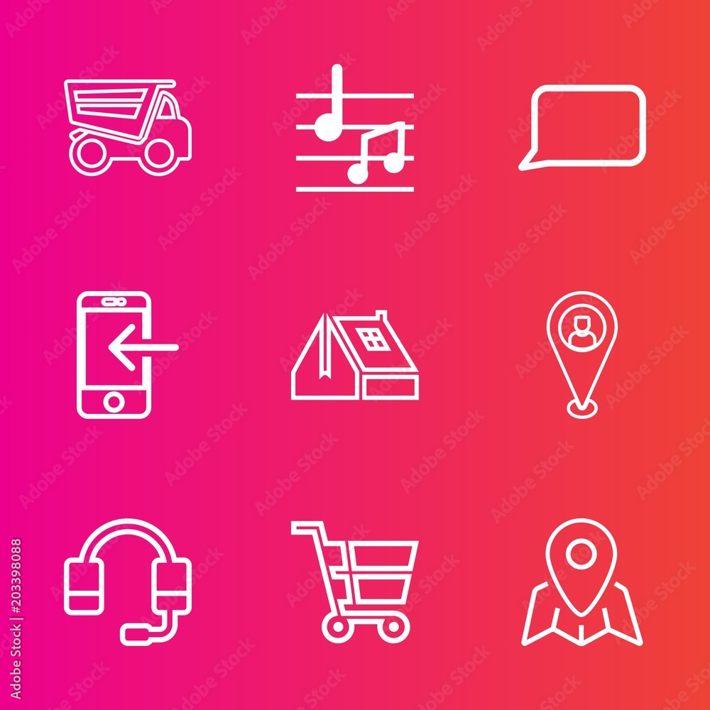 Premium set with outline vector icons. Such as cargo, truck, home, bubble, vehicle, treble, cart, dumper, clef, internet, dump, house, music, retail, location, travel, talk, microphone, melody, phone Premium set with outline vector icons. Such as cargo, truck, home, bubble, vehicle, treble, cart, dumper, clef, internet, dump, house, music, retail, location, travel, talk, microphone, melody, phone