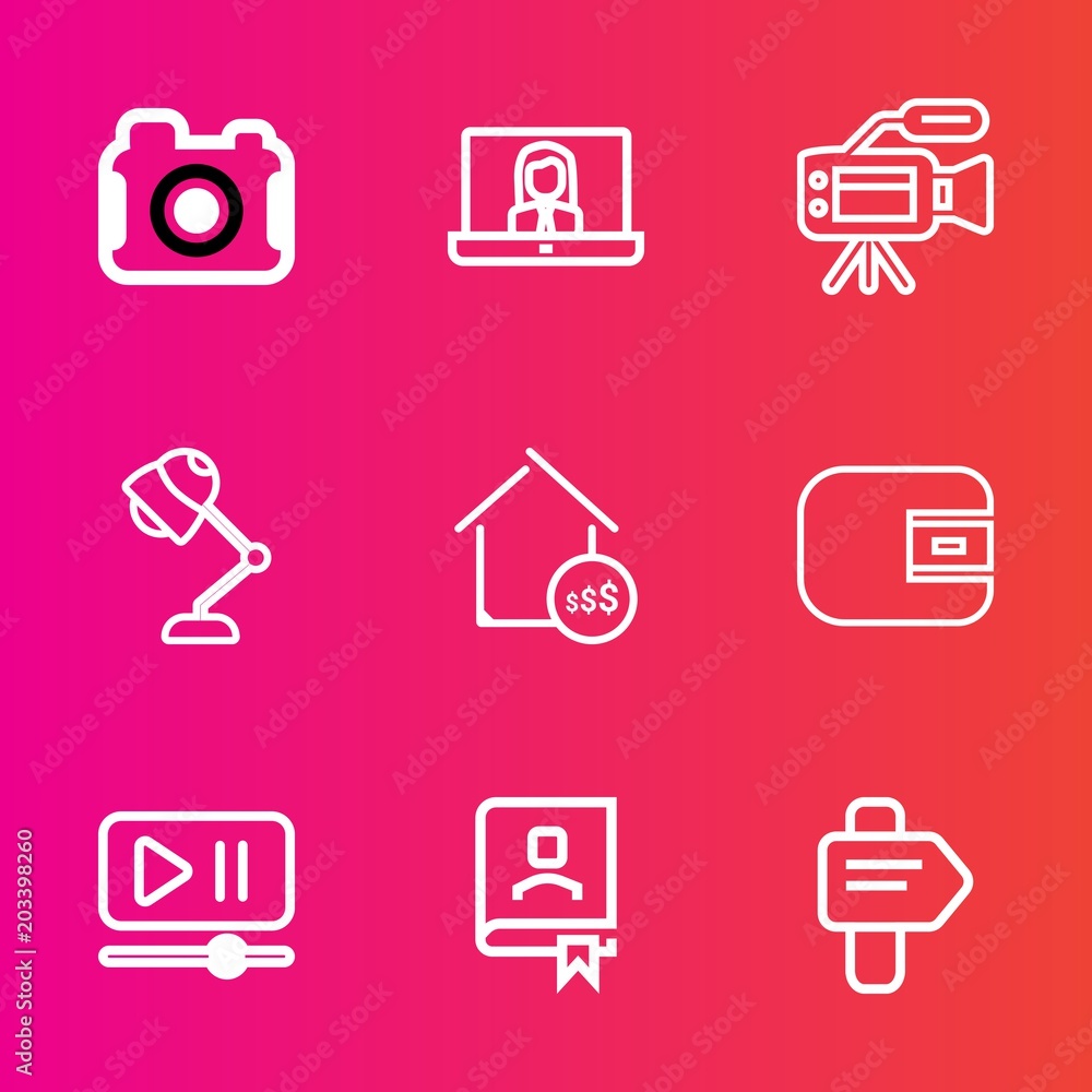 Premium set with outline vector icons. Such as photo, property, player, lamp, interior, direction, button, book, interface, technology, internet, estate, electricity, lens, digital, people, money, way Premium set with outline vector icons. Such as photo, property, player, lamp, interior, direction, button, book, interface, technology, internet, estate, electricity, lens, digital, people, money, way