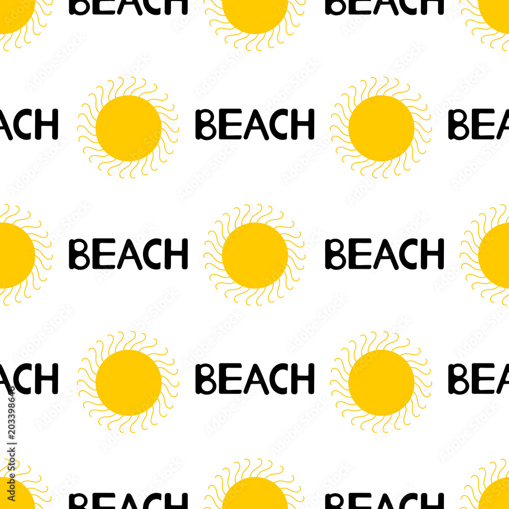 Fototapeta premium Seamless pattern from the yellow sun and black word beach. Colorful background.