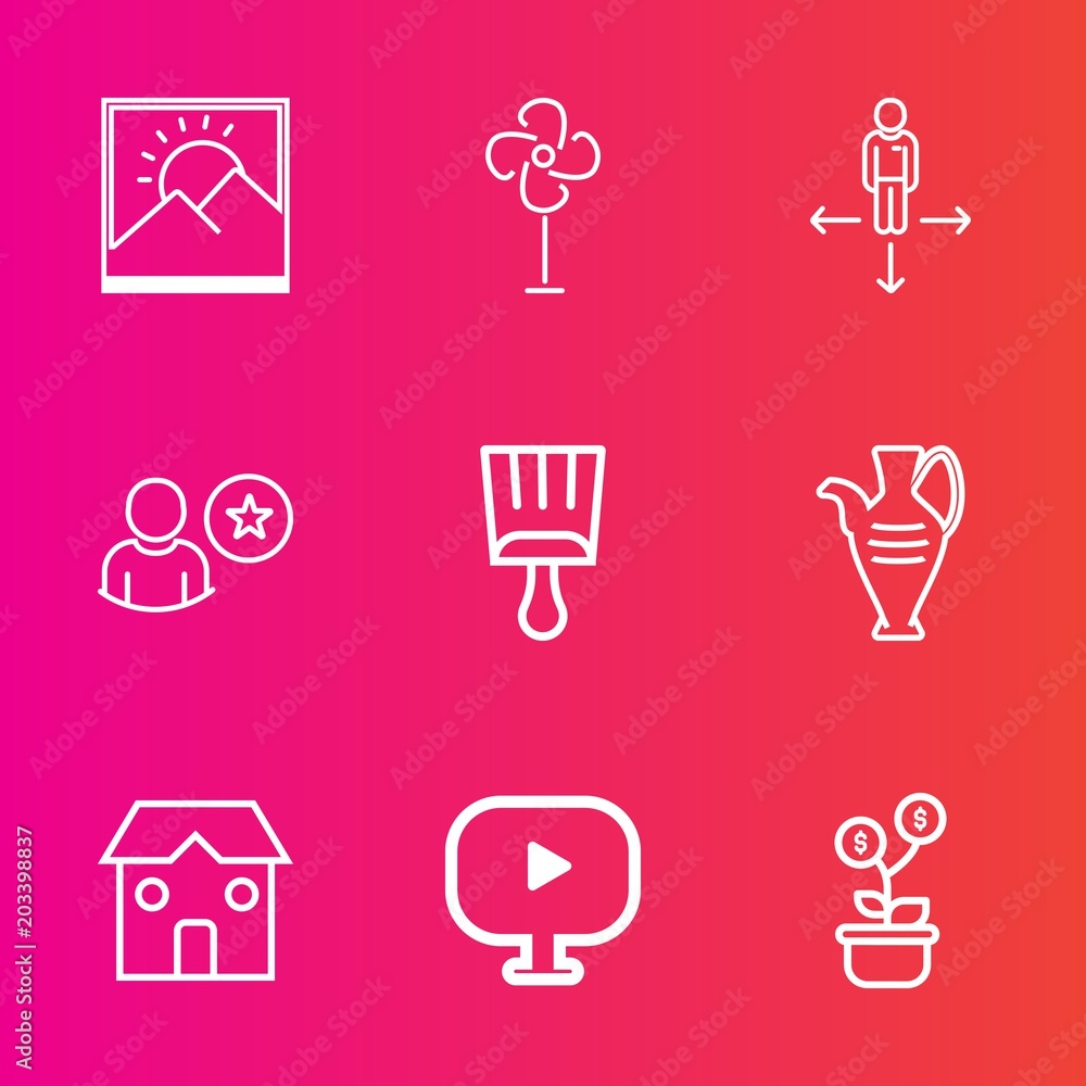 Premium set with outline vector icons. Such as tree, money, air, frame, object, cool, art, ventilator, decoration, photo, location, direction, construction, road, sign, paintbrush, blank, border, jug Premium set with outline vector icons. Such as tree, money, air, frame, object, cool, art, ventilator, decoration, photo, location, direction, construction, road, sign, paintbrush, blank, border, jug