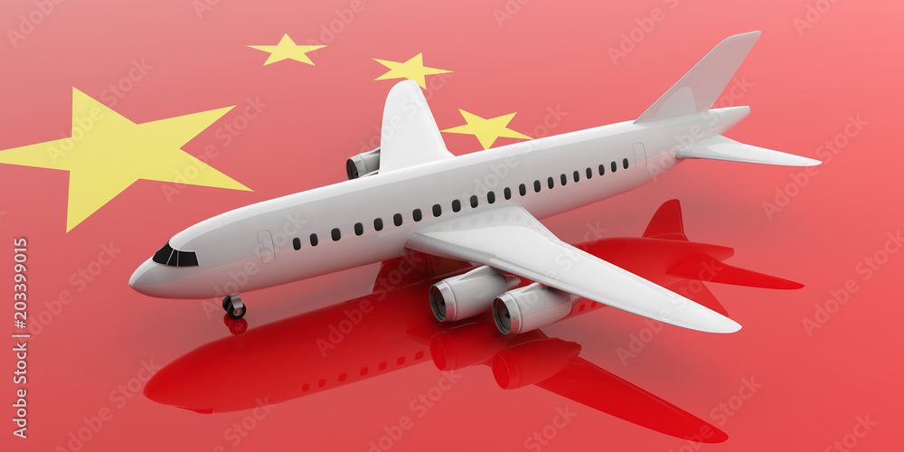 Airplane on China flag background, view from above. 3d illustration