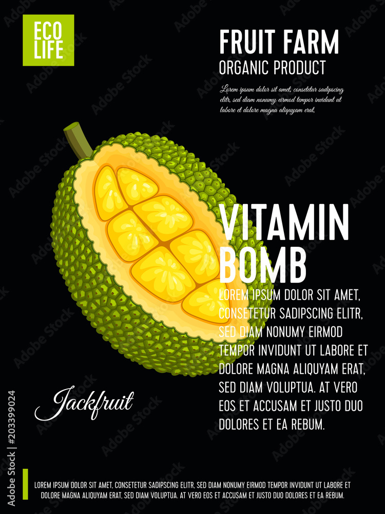Packaging label. Concept design with inscription. Jackfruit. Vector