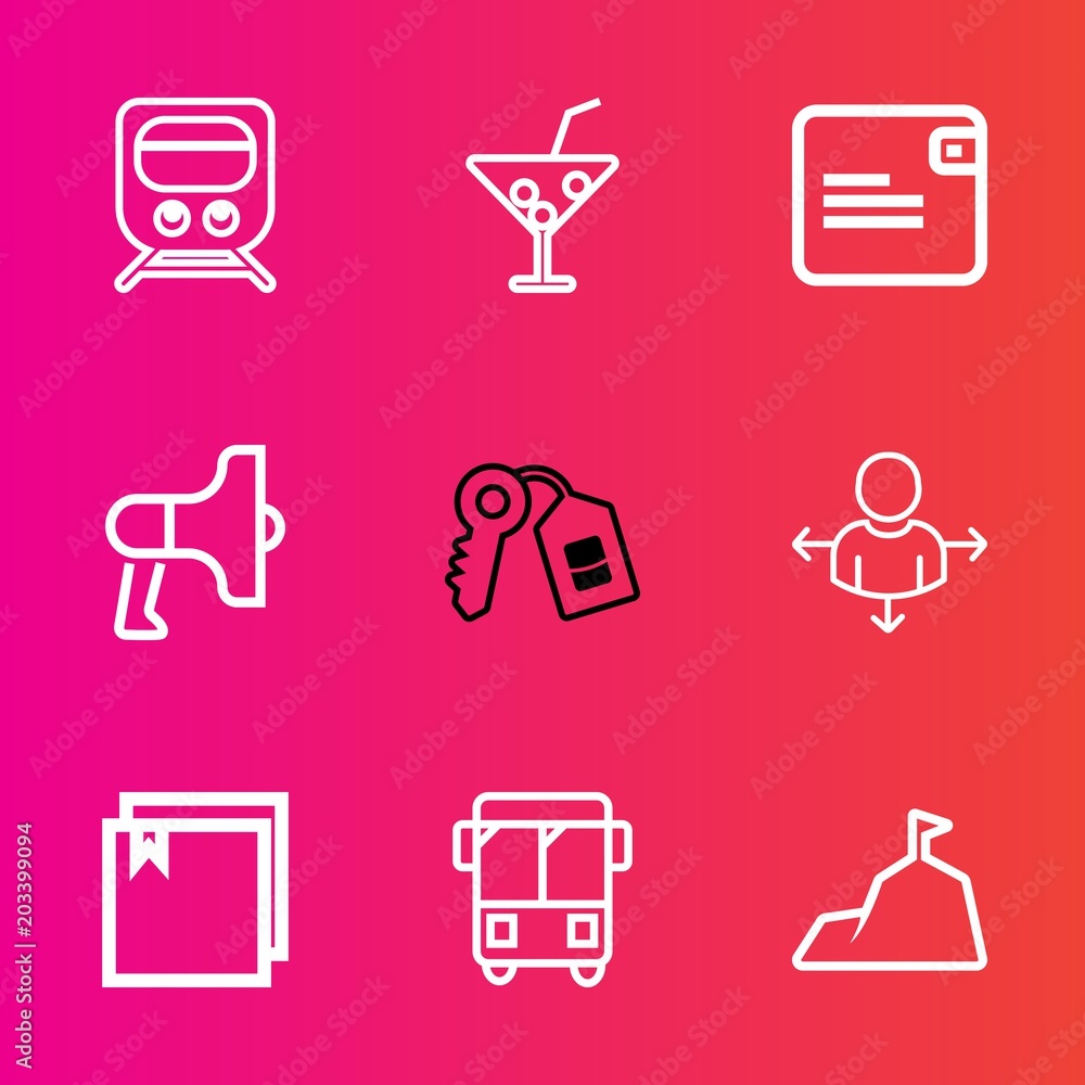 Premium set with outline vector icons. Such as speaker, locomotive, security, drink, nature, railroad, juice, transport, dollar, train, landscape, rail, bus, announcement, purse, sky, web, money, cold Premium set with outline vector icons. Such as speaker, locomotive, security, drink, nature, railroad, juice, transport, dollar, train, landscape, rail, bus, announcement, purse, sky, web, money, cold