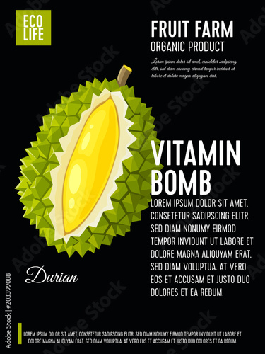 Packaging label. Concept design with inscription. Durian fruit. Vector flat poster template with text.