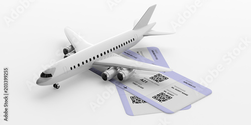 Airplane and boarding pass isolated on white background. 3d illustration