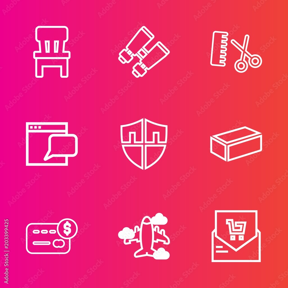 Premium set with outline vector icons. Such as seat, white, travel, chat, plane, balance, interior, brick, glasses, bank, hairdresser, salon, chair, website, construction, spy, airplane, internet, web
