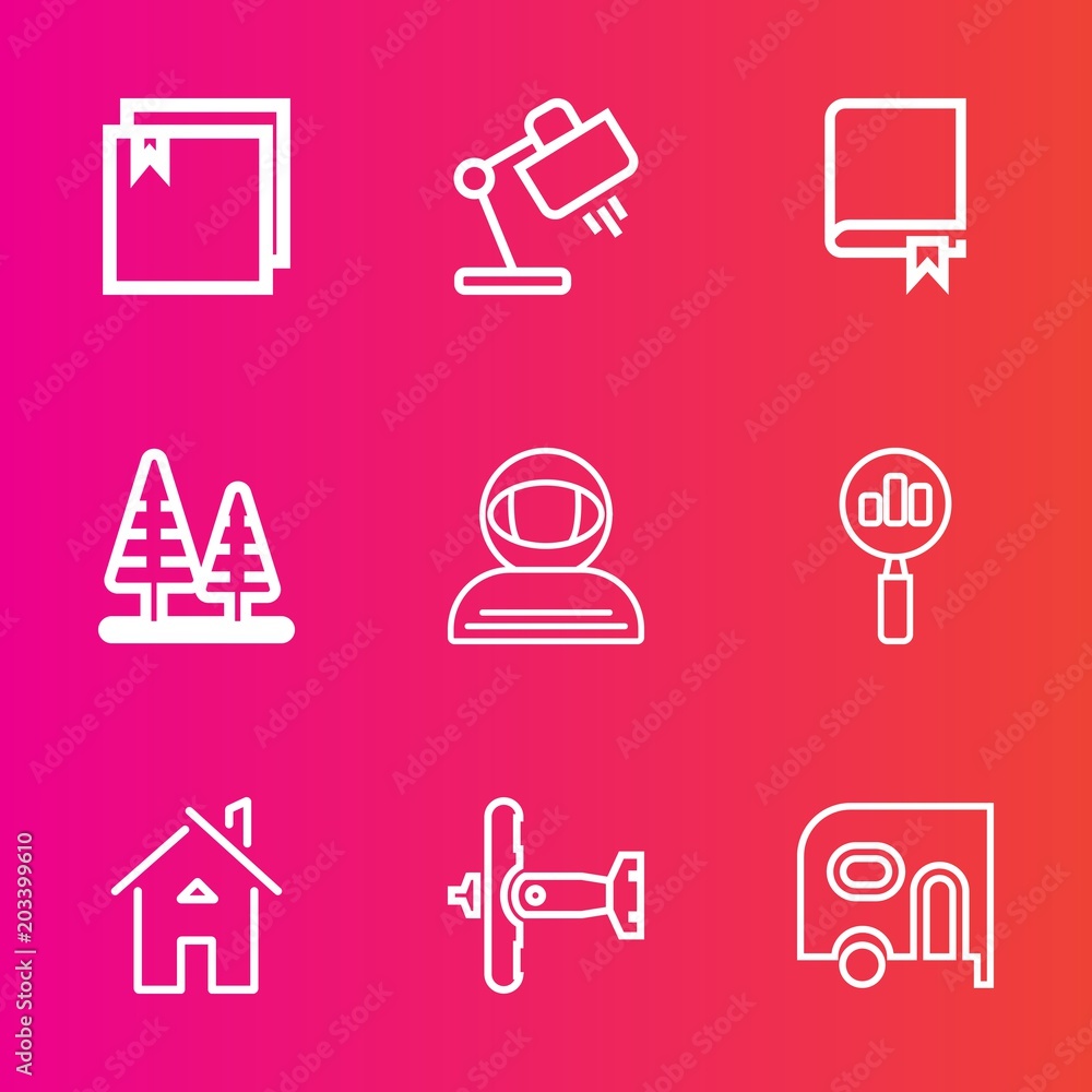 Premium set with outline vector icons. Such as plane, estate, environment, science, transportation, file, spacesuit, business, landscape, cosmonaut, study, book, library, forest, home, education, van