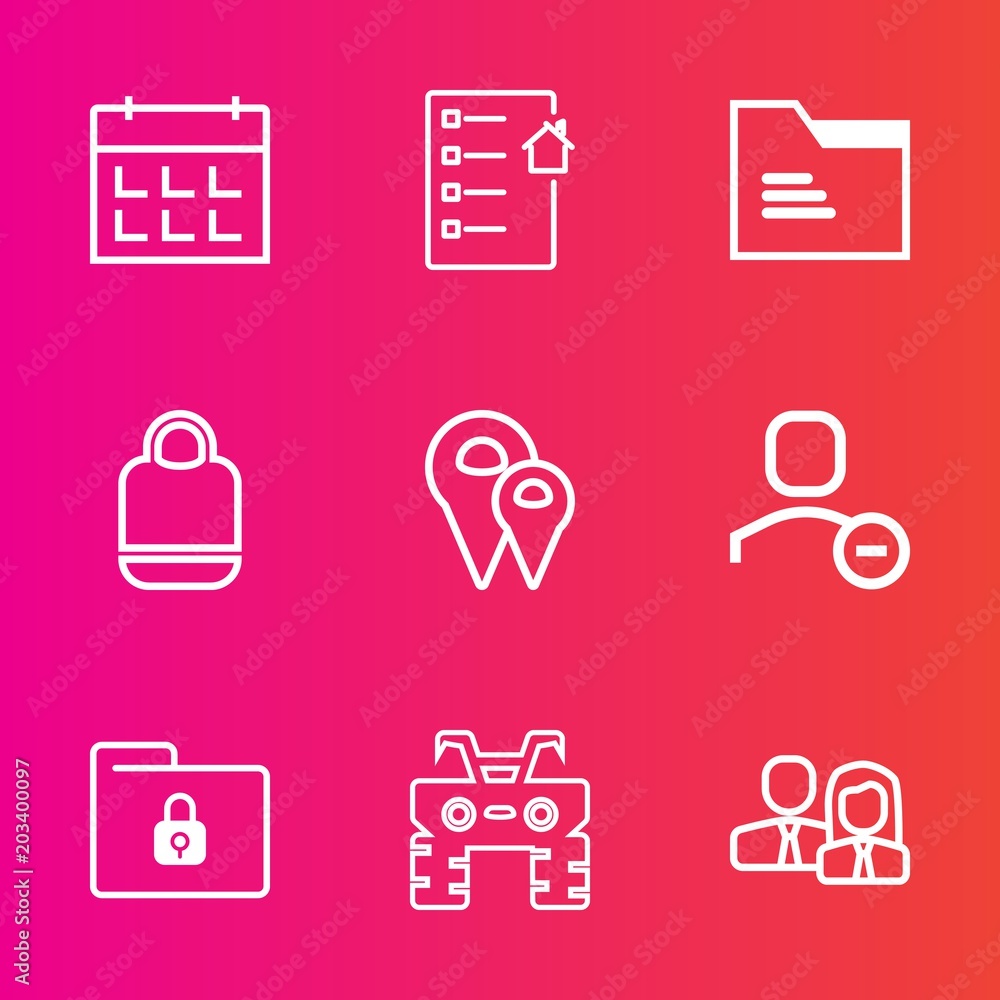 Premium set with outline vector icons. Such as safety, calendar, staff, object, style, business, event, file, lock, wheel, home, people, day, delete, team, investment, agent, blank, real, user, worker Premium set with outline vector icons. Such as safety, calendar, staff, object, style, business, event, file, lock, wheel, home, people, day, delete, team, investment, agent, blank, real, user, worker