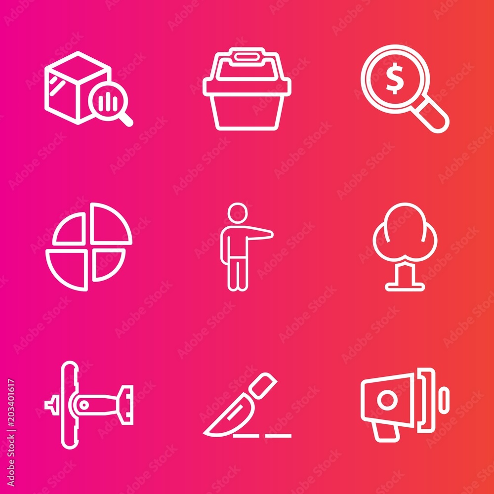 Premium set with outline vector icons. Such as loudspeaker, loud, find, hand, plane, internet, concept, surgery, chart, white, trend, speaker, finance, airplane, announcement, people, pie, search, war