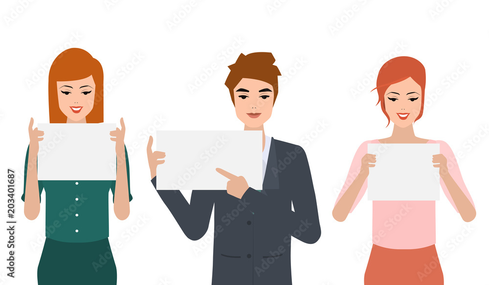 Set of business people with blank white banner pose. Illustration vector flat design. Set of business people with blank white banner pose. Illustration vector flat design.