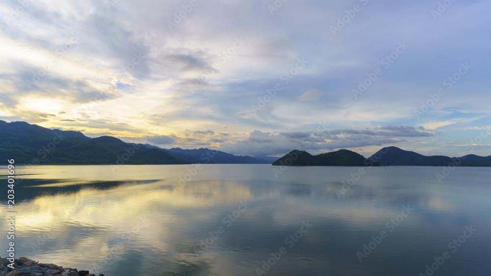 Beauriful scenery of Srinagarind Reservoir or Srinakharin dam with reflection , Kanchanaburi , Thailand