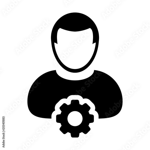 Gear icon vector male user person profile avatar symbol with cog wheel sign in flat color glyph pictogram illustration