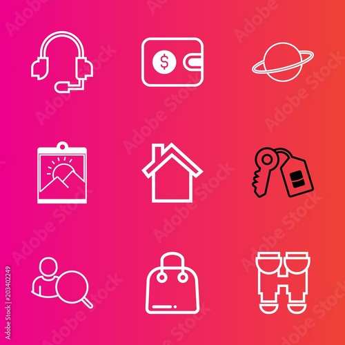 Premium set with outline vector icons. Such as communication, dollar, photo, web, space, sign, picture, view, buy, door, home, paper, mobile, retail, house, cell, headset, microphone, purse, support