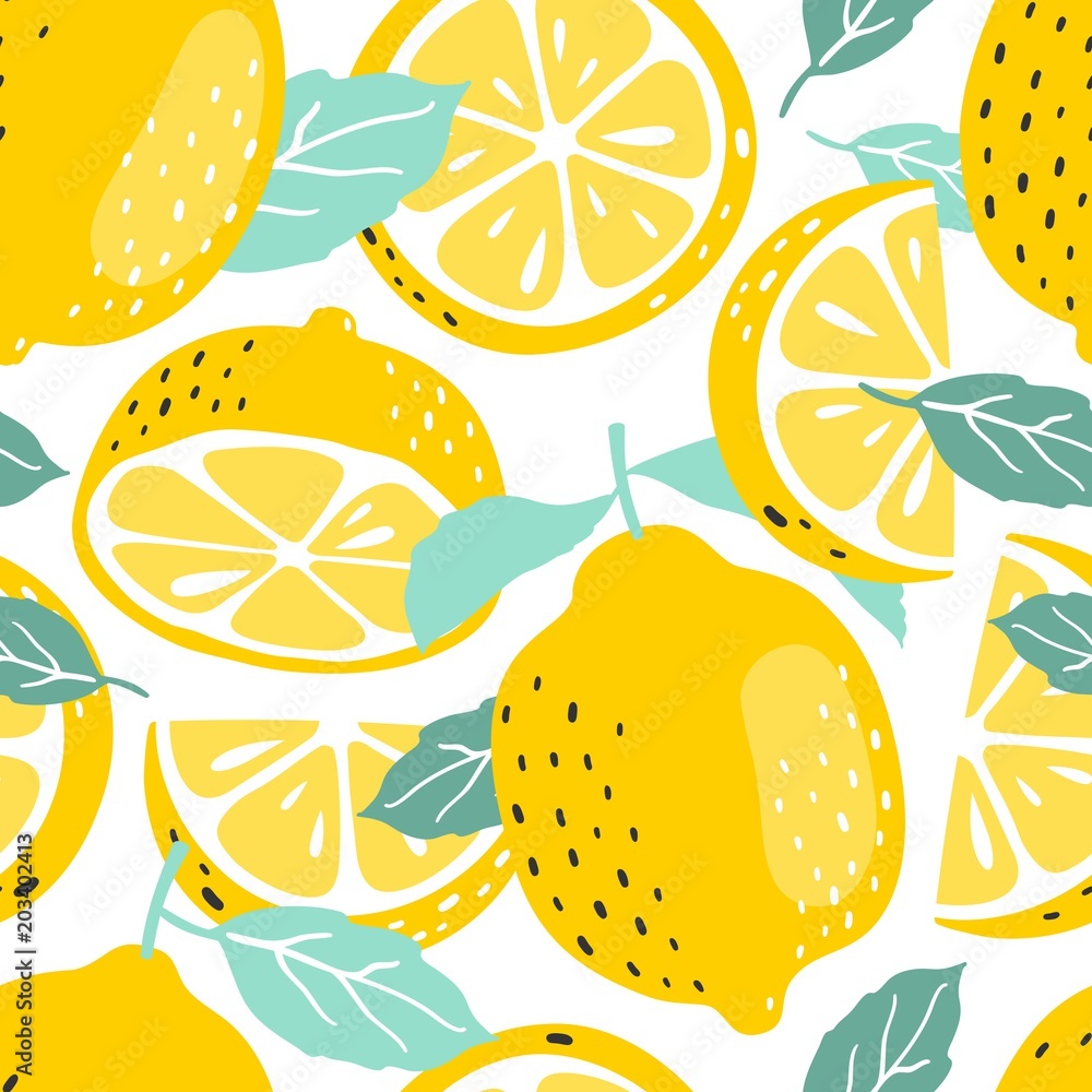 Seamless summer pattern with slices and whole lemons. Vector illustration. - obrazy, fototapety, plakaty 