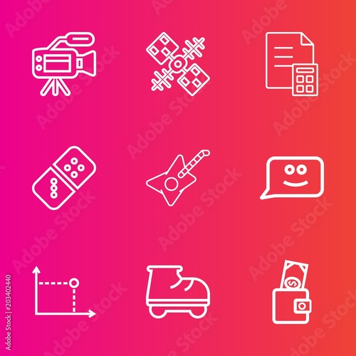 Premium set with outline vector icons. Such as global, banking, beautiful, communication, science, business, leisure, tripod, movie, fun, camera, smile, domino, chat, geometry, game, money, sign, row