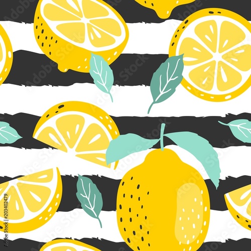 Seamless summer pattern with slices and whole lemons. Vector illustration.