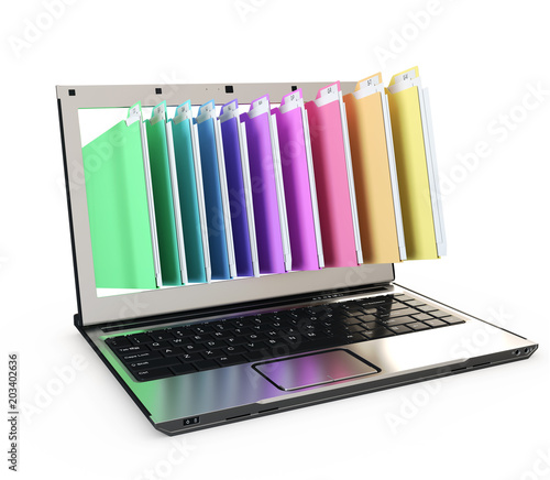 folders popping out from a computer screen over white background