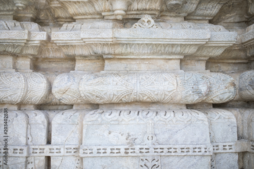 Ancient Architectural Ornament, Stone Carving Decorations Inside Ranakpur Jain Temple in Rajasthan, India 