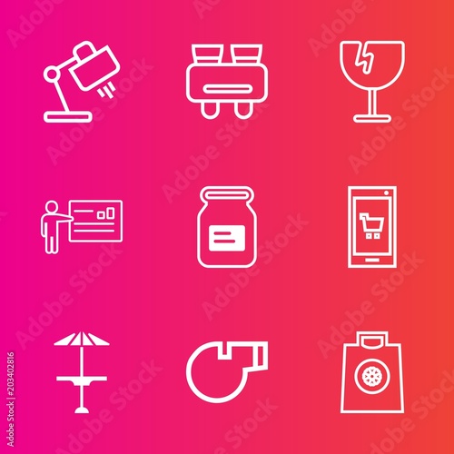 Premium set with outline vector icons. Such as window, modern, referee, container, can, buy, glass, gift, view, mobile, online, whistle, pub, home, vision, destruction, aluminum, decoration, tin, lamp
