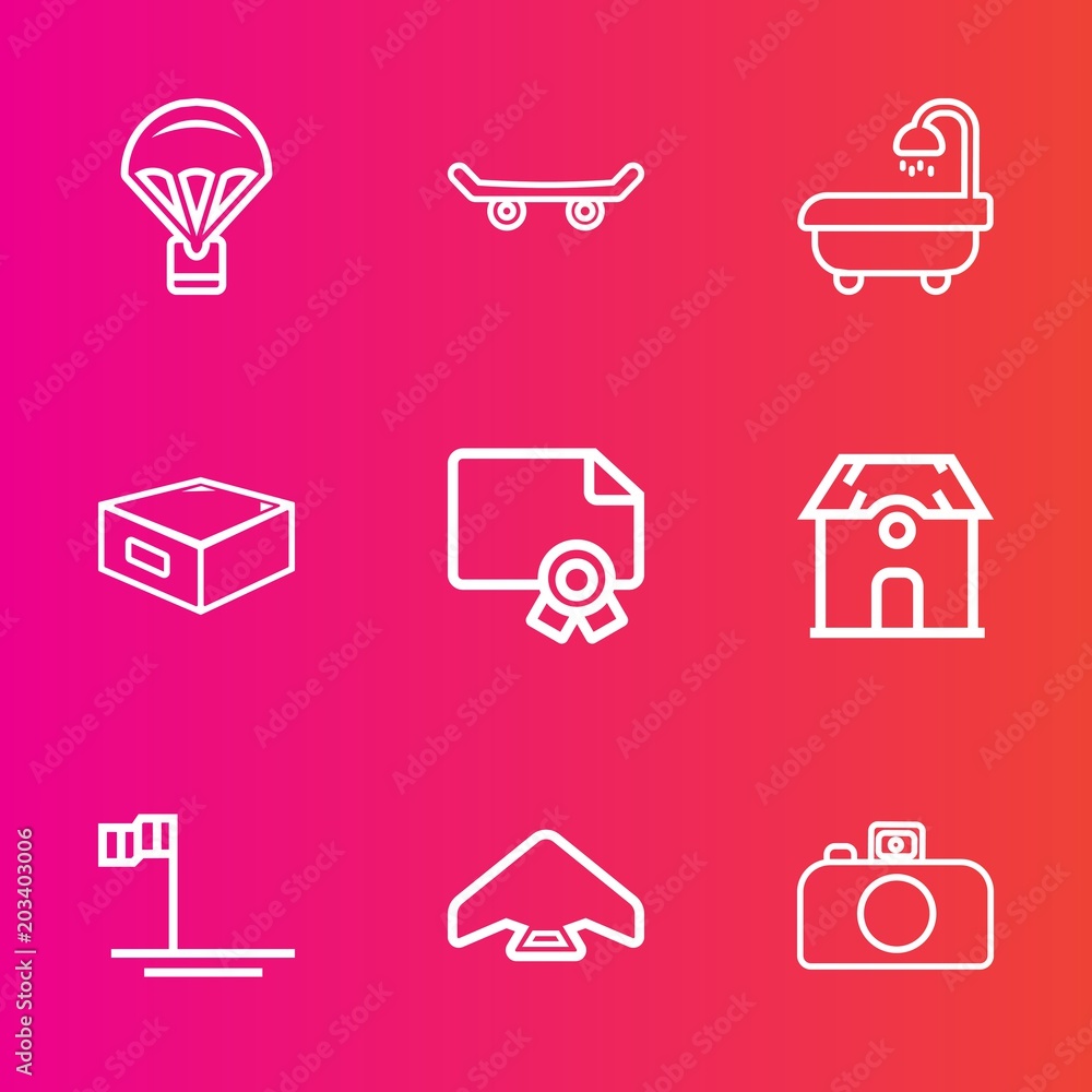 Premium set with outline vector icons. Such as beach, parachuting, skydiver, baja, sink, drawer, building, sport, mexico, business, certificate, blue, skydiving, house, camera, office, home, skater Premium set with outline vector icons. Such as beach, parachuting, skydiver, baja, sink, drawer, building, sport, mexico, business, certificate, blue, skydiving, house, camera, office, home, skater