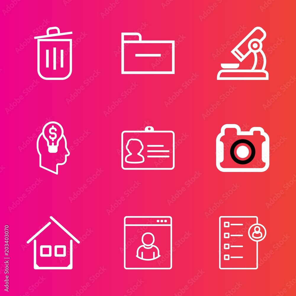 Premium set with outline vector icons. Such as microscope, laboratory, file, camera, building, idea, storage, id, biology, job, research, business, garbage, chemistry, office, name, trash, photography Premium set with outline vector icons. Such as microscope, laboratory, file, camera, building, idea, storage, id, biology, job, research, business, garbage, chemistry, office, name, trash, photography