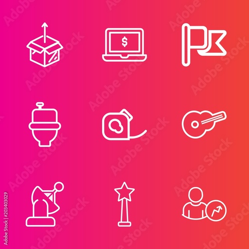 Premium set with outline vector icons. Such as monitor, box, carton, house, cardboard, screen, success, earth, usa, musical, computer, bathroom, shipping, space, business, guitar, new, toilet, account