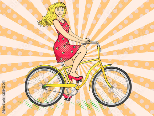 Pop art background with sun rays. Young beauty woman ride bicycle retro vector. Comic book style imitation.