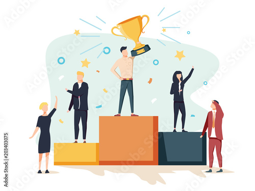 Vector illustration. people stand on the podium first, second and third place. best score winner prize.