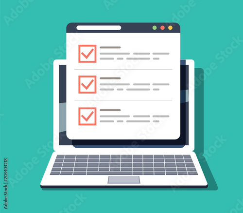 Checklist browser window. Check mark. White tick on laptop screen. Choice, survey concepts.