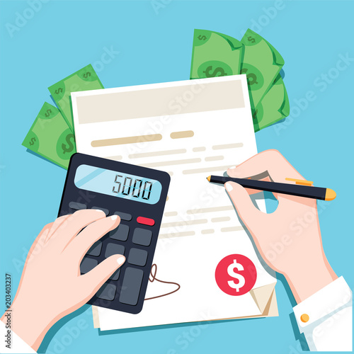 Economics calculations, hands with a calculator and money. Flat design vector illustration.