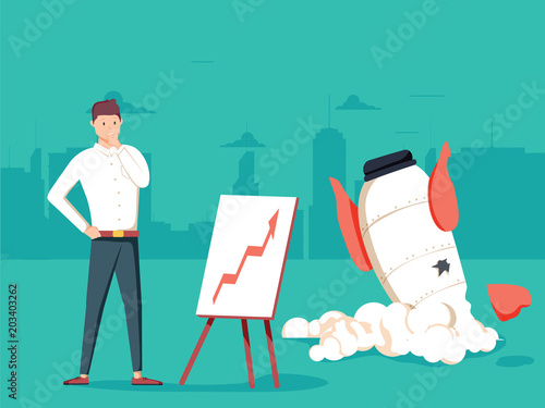 Businessman with plan and rocket crashed. Business failure, the rocket fall down.