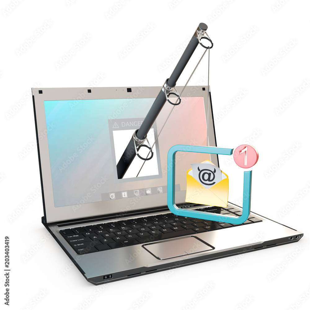 phishing attack concept, fishing rod with hostile email popping out from a  computer screen in an office over white background Stock Illustration