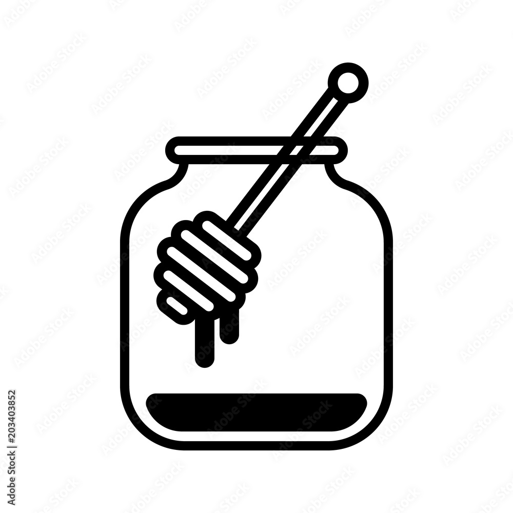 Black silhouette of a glass jar with honey and a honey- dipper inside, isolated. Black silhouette of a glass jar with honey and a honey- dipper inside, isolated.