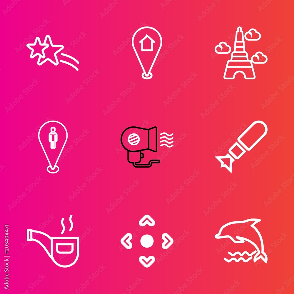 Premium set with outline vector icons. Such as tower, falling, arrow, pipe, french, navigation, landmark, famous, sign, travel, bomb, nuclear, france, dolphin, bright, europe, ocean, web, abstract