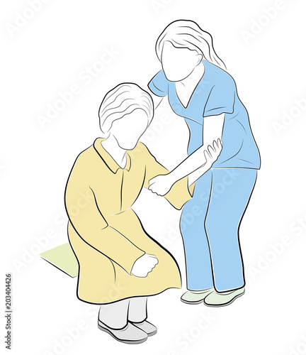 a young woman helps raise an elderly woman. health care. care for the elderly. vector illustration.