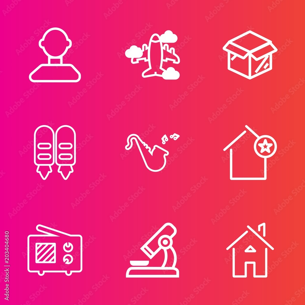 Premium set with outline vector icons. Such as bugle, airplane, person, house, air, communication, radio, aircraft, microscope, musical, favorite, apartment, new, aviation, jazz, architecture, estate Premium set with outline vector icons. Such as bugle, airplane, person, house, air, communication, radio, aircraft, microscope, musical, favorite, apartment, new, aviation, jazz, architecture, estate