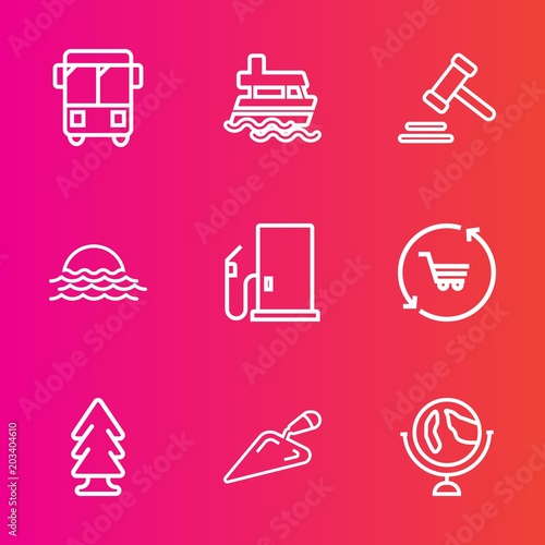 Premium set with outline vector icons. Such as street, urban, vessel, oil, ship, bus, world, speed, shovel, courthouse, tree, legal, travel, road, gas, retail, sea, landscape, shop, lawyer, sun, city