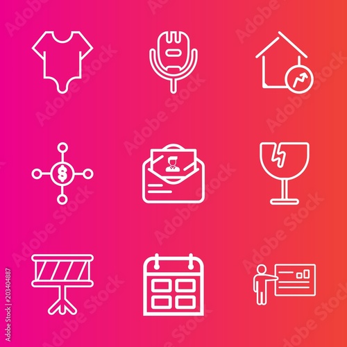 Premium set with outline vector icons. Such as property, destruction, home, cute, glass, musical, girl, bodysuit, schedule, investment, female, voice, time, calendar, body, song, music, drum, white