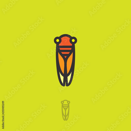 Cicada flat logo. Cicada icon. Linear logo. Yellow-orange small cicada on a green-yellow background. Monochrome option. photo