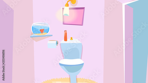 Cartoon Bathroom. Bathroom Interior with bathtub, faucet toilet sink, mirror. Vector illustration.