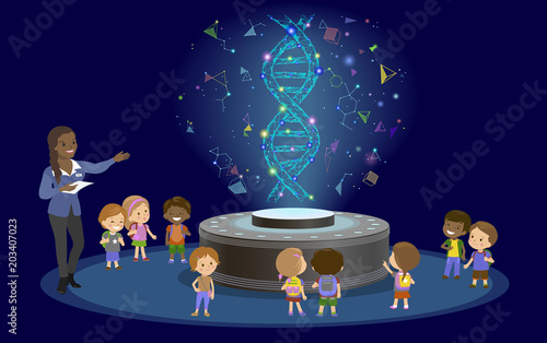 Innovation education elementary school learning technology - group of kids to molecule of DNA. hologram on biology lesson future museum center vector.