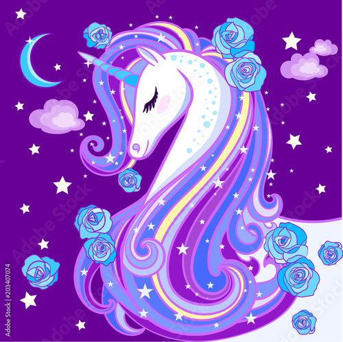 A beautiful unicorn with a long mane, on a purple background. Vector illustration